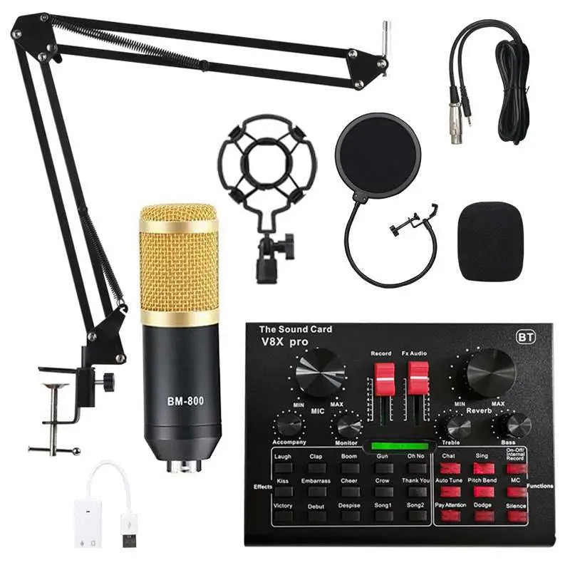 Black v8x pro audio interface with red knobs mounted on a black cantilever bracket microphone set stand