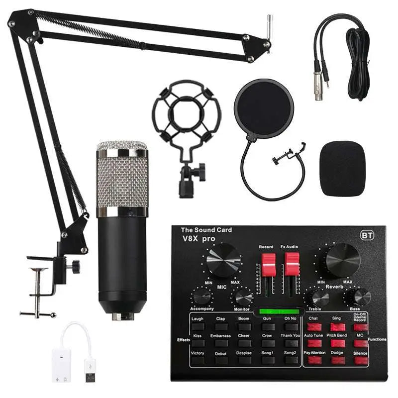 Black condenser microphone with silver mesh grille mounted on adjustable cantilever bracket in v8x pro microphone set