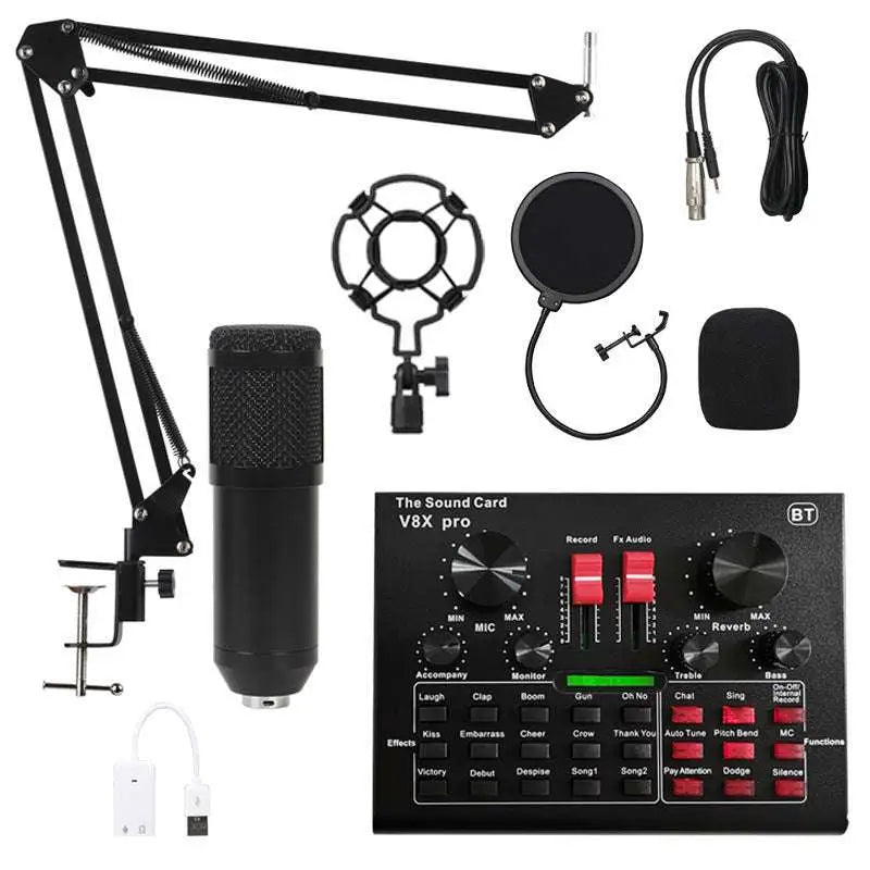 Black v8x pro audio interface with red knobs mounted on a black cantilever bracket microphone set stand