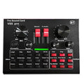 Black v8x pro sound card audio interface with red silver knobs and green led indicator in cantilever bracket microphone set