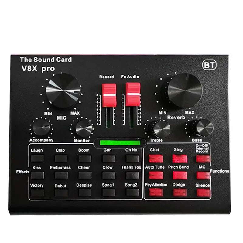 Black v8x pro sound card audio interface with red silver knobs and green led indicator in cantilever bracket microphone set