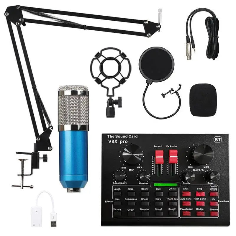 Blue condenser microphone with silver mesh grille and chrome accents on black adjustable arm stand in v8x pro cantilever bracket microphone set