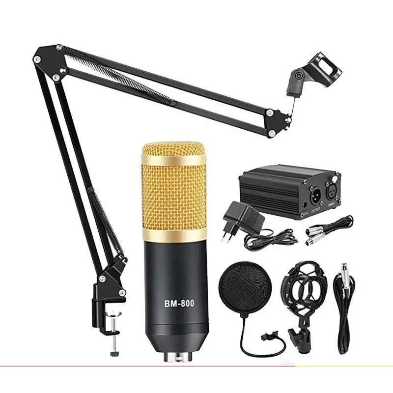 Black and gold bm-800 condenser microphone with mesh grille in v8x pro cantilever bracket microphone set