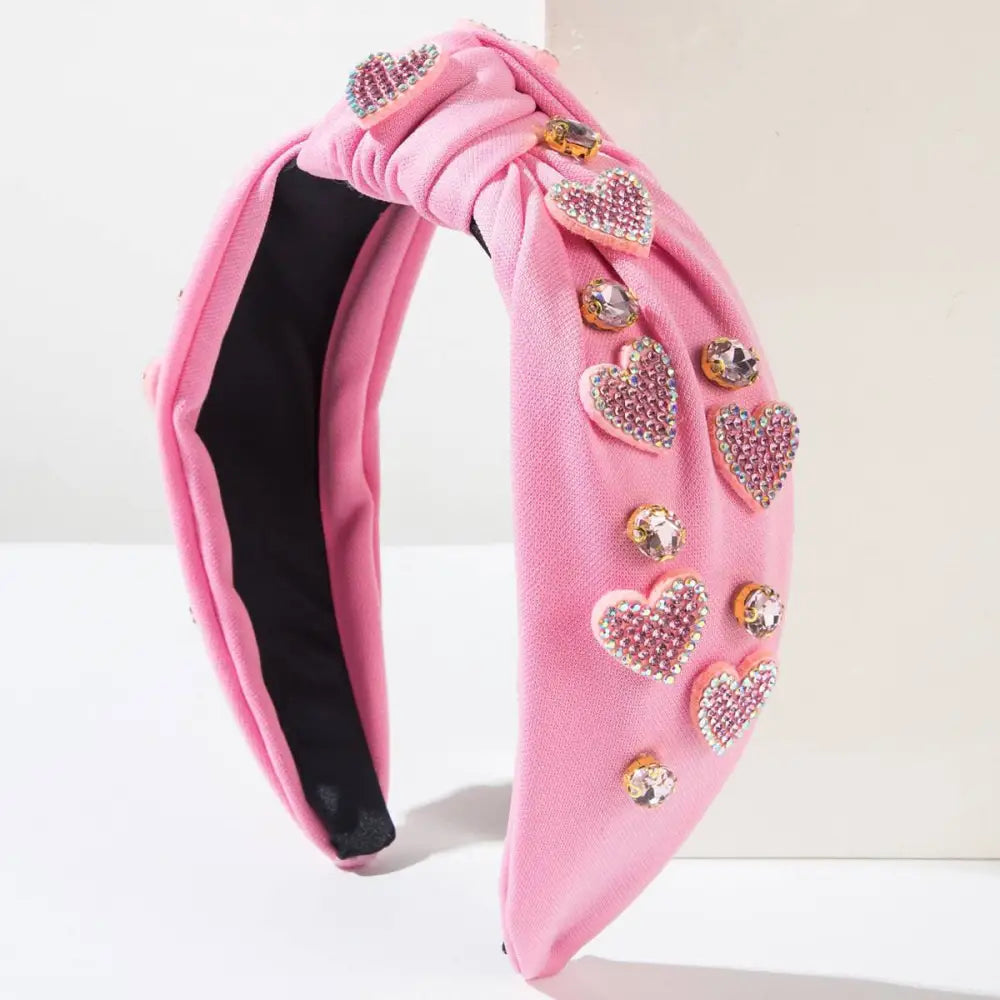 Pink valentines day headband knotted love accessories with sparkling heart-shaped rhinestones and gold-toned embellishments