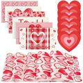 Valentines day heart farmhouse table runner set with paper napkins featuring red and pink heart patterns on white background