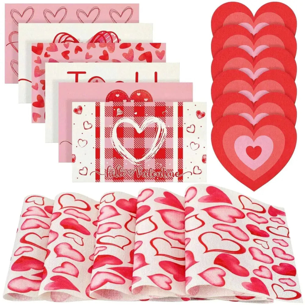 Valentines day heart farmhouse table runner set with paper napkins featuring red and pink heart patterns on white background