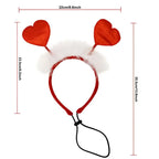Red heart-shaped ears with white fluffy trim on a red headband and adjustable black strap for valentine’s day pet scarf and dog party decorations