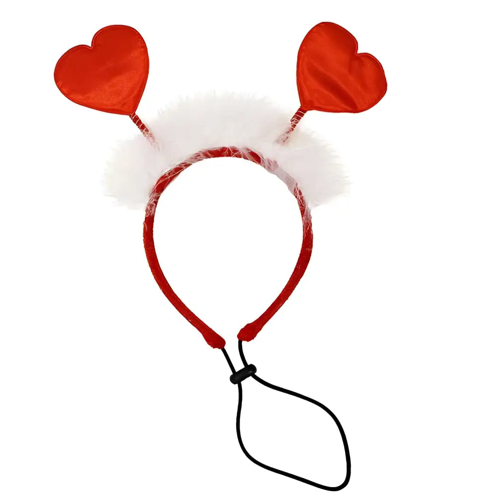 Valentines day pet antler headband in red with white faux fur trim for dog party decorations and pet scarf use