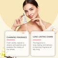 A sleek transparent glass bottle of vanilla body hair perfume spray with a minimalist white label by glove
