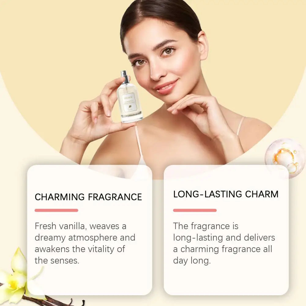 A sleek transparent glass bottle of vanilla body hair perfume spray with a minimalist white label by glove
