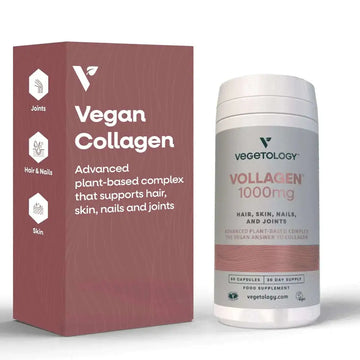 Vegetology vollagen plant based amino acids vegan collagen supplement in white bottle with gray label and maroon box