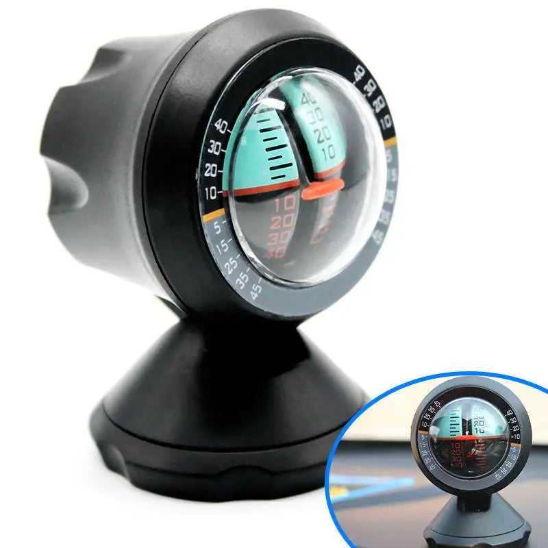Black plastic circular vehicle mounted sensing slope meter compass with clear dome and teal orange dial markings for precise angle measurement