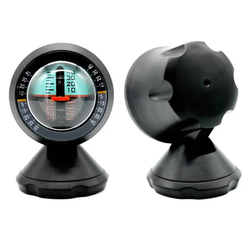 Black plastic vehicle mounted sensing slope meter with circular dial and orange pointer for precise angle measurement
