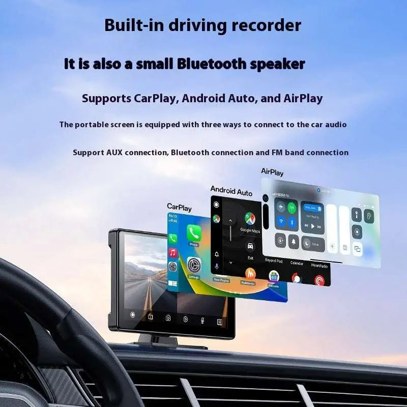 Black rectangular vehicle navigation entertainment screen with dual dash cam features and built-in bluetooth speaker
