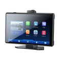 Black-framed 7-inch touchscreen vehicle navigation entertainment device with dual dash cam and built-in mounting bracket