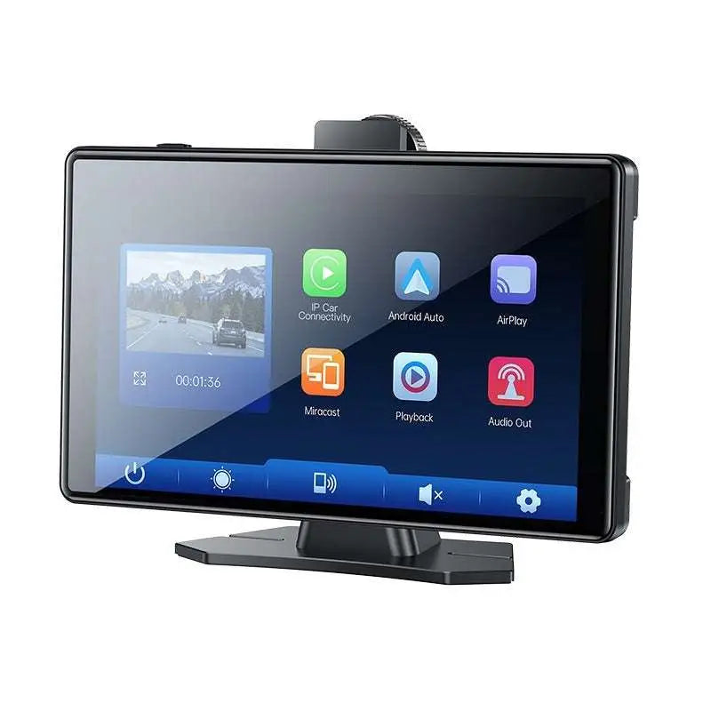 Black-framed 7-inch touchscreen vehicle navigation entertainment device with dual dash cam and built-in mounting bracket