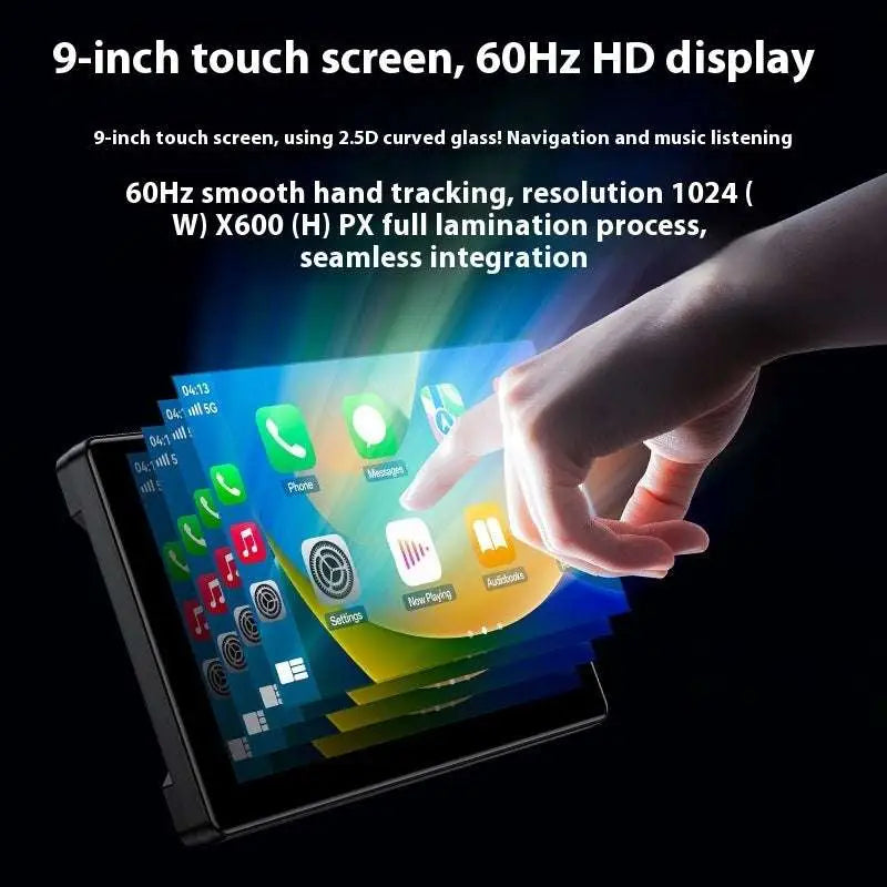 Black rectangular vehicle navigation entertainment screen with dual dash cam features and built-in bluetooth speaker