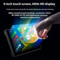 9-inch tablet with curved glass screen displaying colorful app icons for vehicle navigation entertainment with dual dash cam features