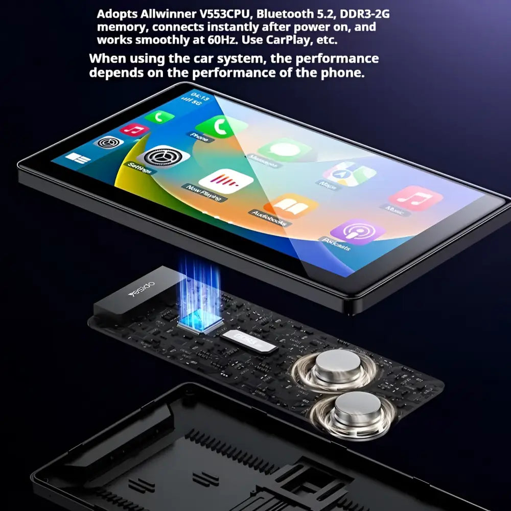 Black touchscreen vehicle navigation entertainment stereo with dual dash cam features and visible circuitry and knobs