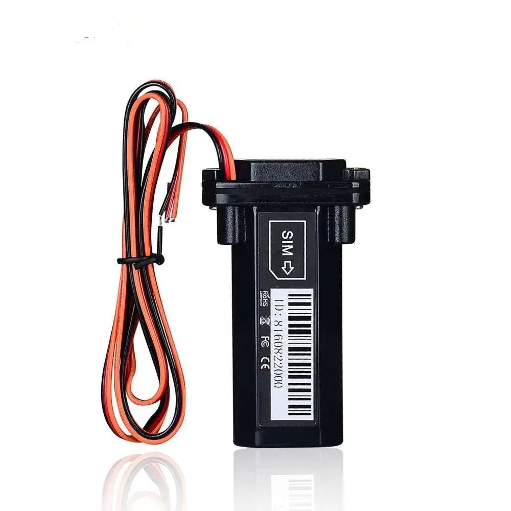 Black rectangular vehicle tracker with power supply automatically switch and orange and black wiring attached for vehicle tracker power