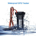Black rectangular waterproof vehicle tracker with red and black wiring featuring automatic power supply switch and sim card slot