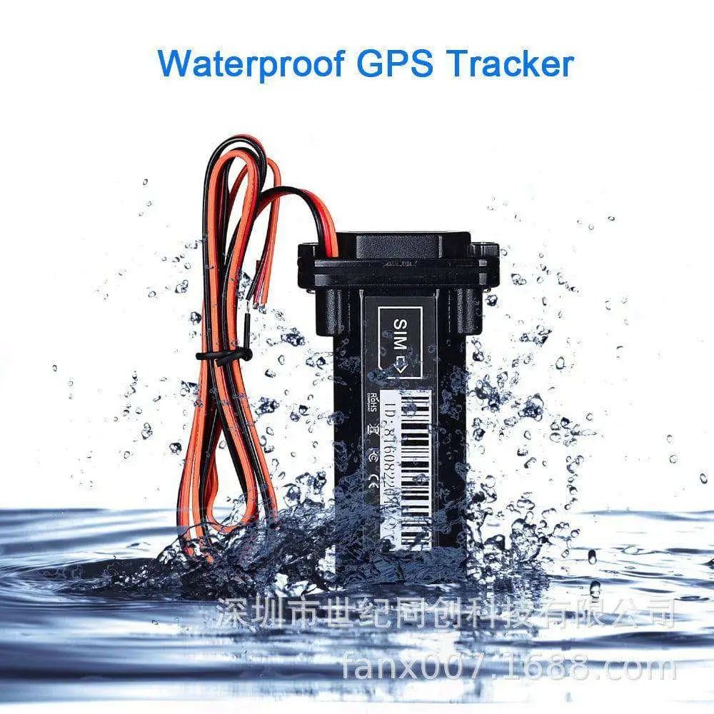 Black rectangular waterproof vehicle tracker with red and black wiring featuring automatic power supply switch and sim card slot