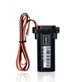 Black rectangular vehicle tracker with power supply automatically switch and orange and black wiring attached