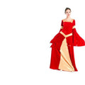 A flowing red and gold velvet halloween cos ball queen dress with long bell sleeves and satin trim