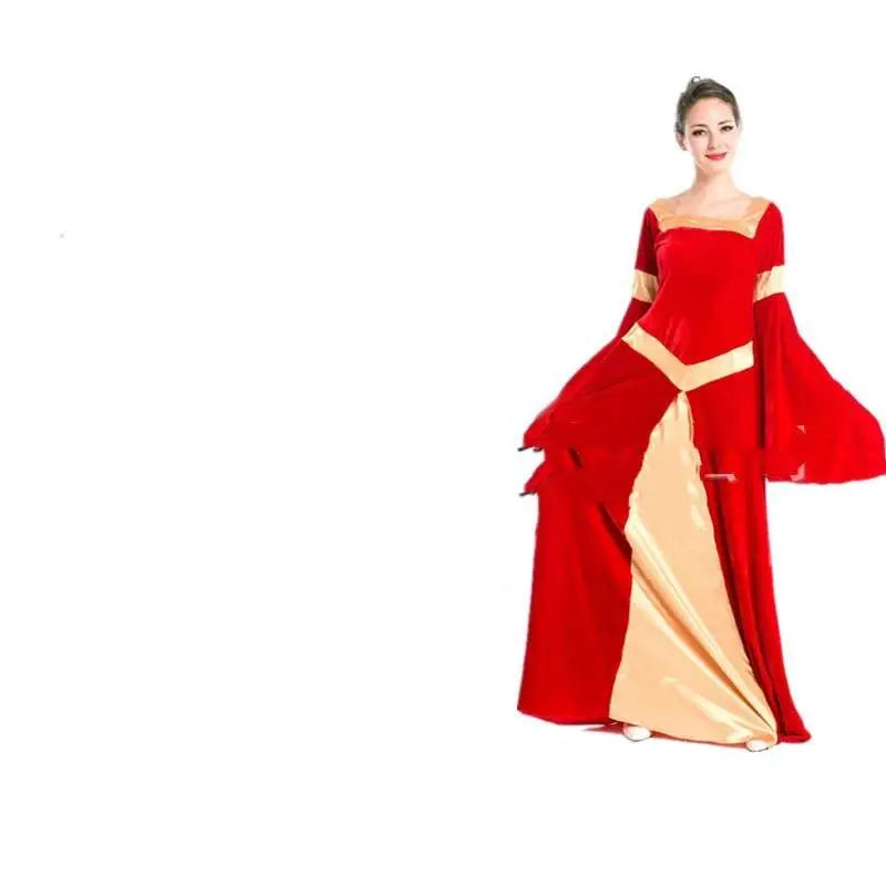 A flowing red and gold velvet halloween cos ball queen dress with long bell sleeves and satin trim