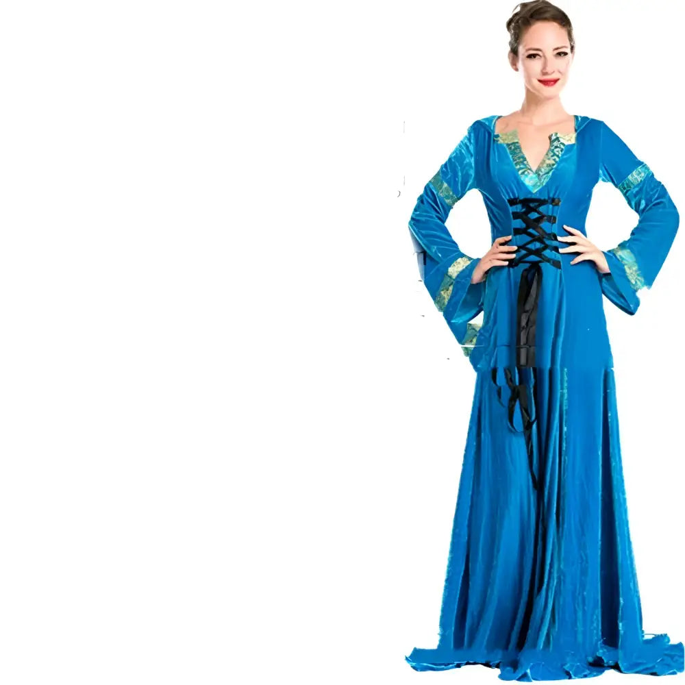 A flowing royal blue velvet halloween cos ball queen dress with gold-trimmed cuffs and black lace-up corset front