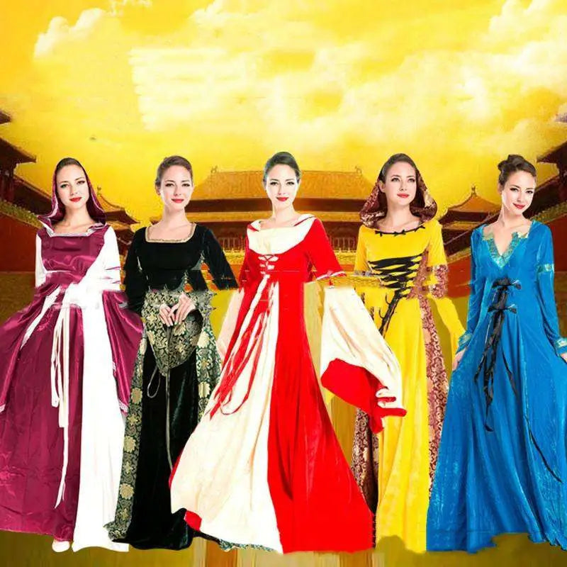 Five women wearing elaborate velvet halloween cos ball queen dresses in contrasting colors with intricate detailing