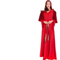 Red velvet hooded evening gown with gold patterned sash and capelet for velvet halloween cos ball queen dress
