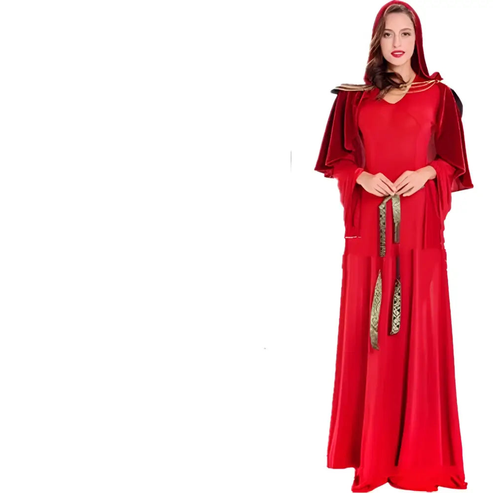 Red velvet hooded evening gown with gold patterned sash and capelet for velvet halloween cos ball queen dress