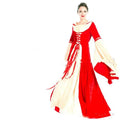 A flowing red and cream velvet halloween cos ball queen dress with lace-up bodice and bell sleeves evening gown