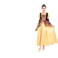 A woman wearing a yellow satin ball queen dress with black velvet sleeves for a velvet halloween cos ball event