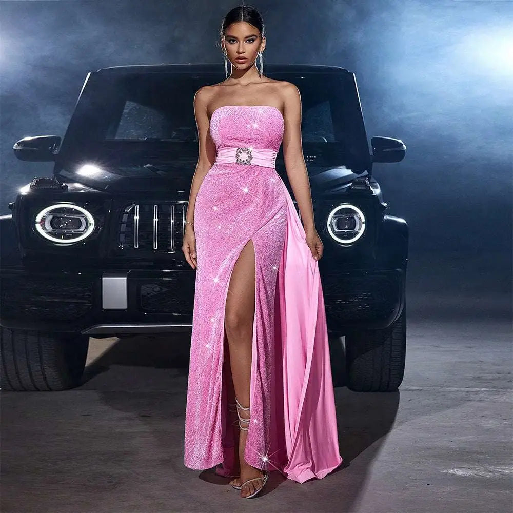 Velvet sequined cinched waist shimmering pink evening gown with high slit and crystal-embellished belt satin train