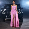 Velvet sequined cinched waist shimmering pink evening gown with high slit and satin sash with crystal buckle
