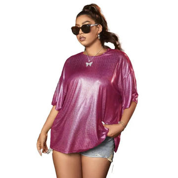 Verdusa womens plus shimmering magenta metallic drop shoulder tee with loose oversized fit and short sleeves