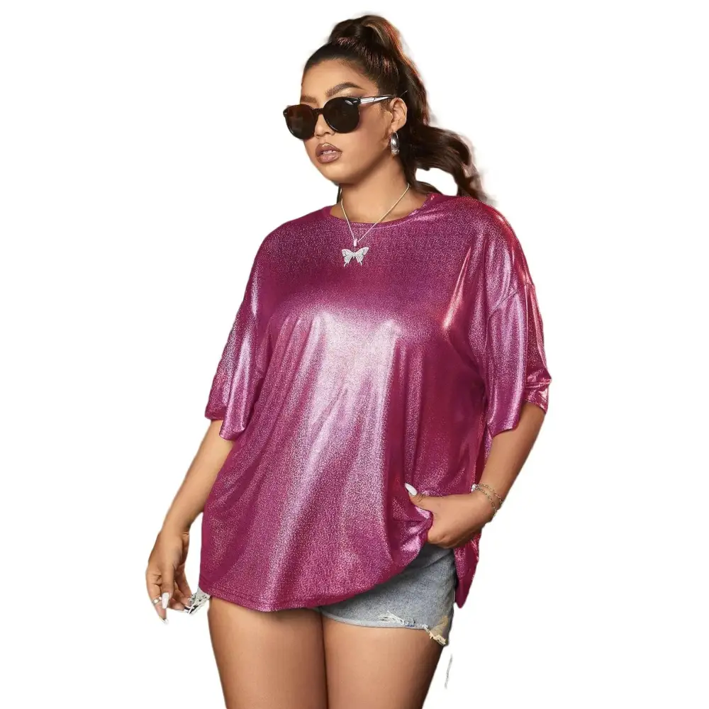 Verdusa womens plus shimmering magenta metallic drop shoulder tee with loose oversized fit and short sleeves