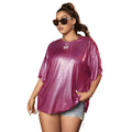 Verdusa womens plus size metallic drop shoulder tee in shimmering magenta with loose oversized fit and short sleeves
