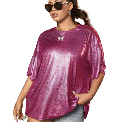 Verdusa Womens Plus Size Metallic T Shirt Drop Shoulder Oversized Tee Top Hot Pink 2XL - Royalessencelux