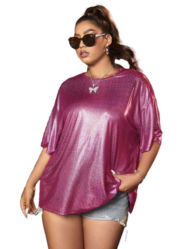 Verdusa Womens Plus Size Metallic T Shirt Drop Shoulder Oversized Tee Top Hot Pink 2XL - Royalessencelux