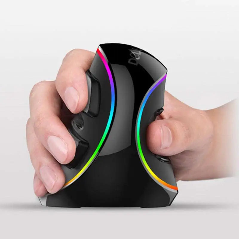 Black vertical ergonomic snail rgb wired gaming mouse with rainbow led lighting along curved edges for precision use