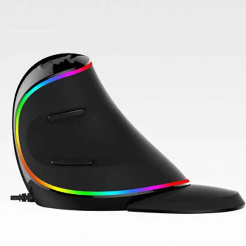 Black vertical ergonomic snail wireless mouse with curved design and rainbow led lighting along its edge