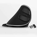 Black ergonomic wireless vertical ergonomic snail mouse with silver trim and two large buttons for comfortable use
