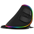Black vertical ergonomic snail mouse pad with curved contour and vibrant rainbow led lighting along edges