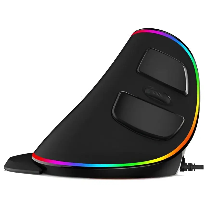 Black vertical ergonomic snail mouse pad with curved contour and vibrant rainbow led lighting along edges