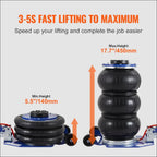 Black three-tiered vevor air jack with blue accents and wheels designed as a 3 ton lbs triple bag lifting tool