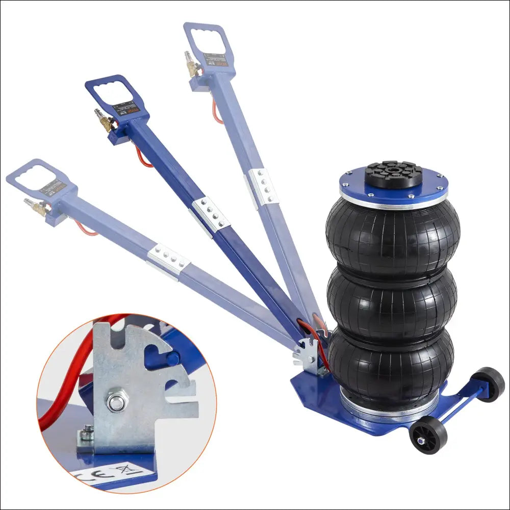 Blue vevor air jack with black triple bag hydraulic system lifting an orange vehicle up to 3 ton capacity