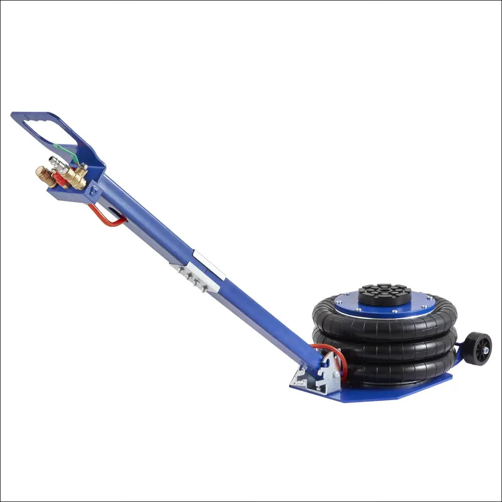 Blue vevor air jack with black rubberized air chambers and brass fittings 3 ton triple bag hydraulic floor jack